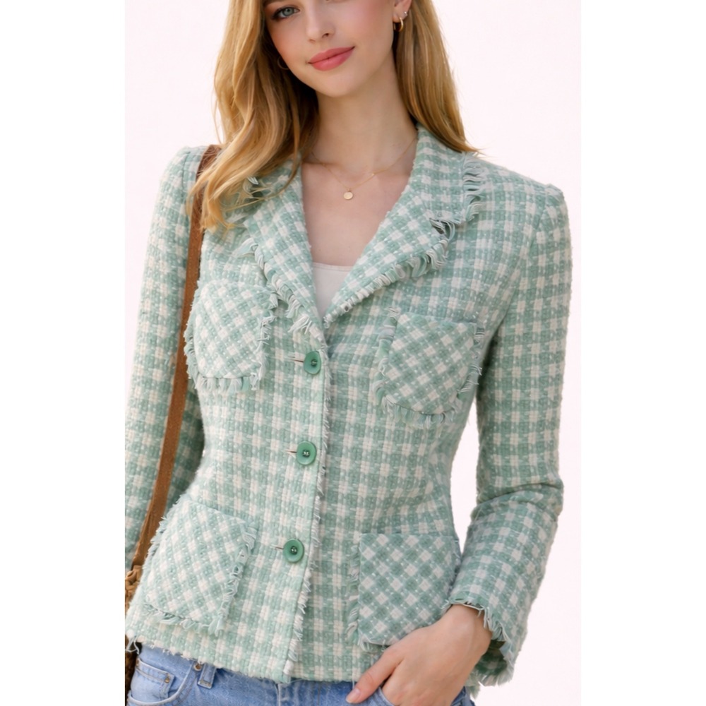 Bergamo Studio Womens Blazer Green White Check Soft Tweed Fringe Jacket 14